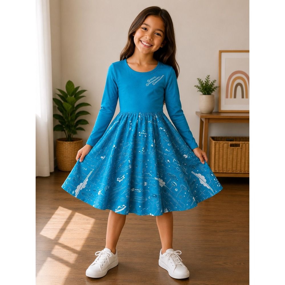 Princess‎ Awesome Boy Wonder Girls Space Rocket Skater Dress Blue Size 12 Cotton